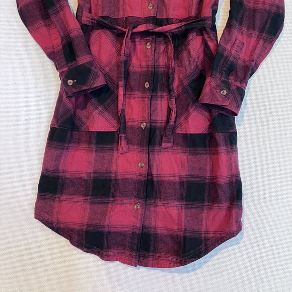 Columbia Red Plaid Flannel Shirt Dress Belted Roll Tab Sleeves Pockets Sz Small - Picture 3 of 13